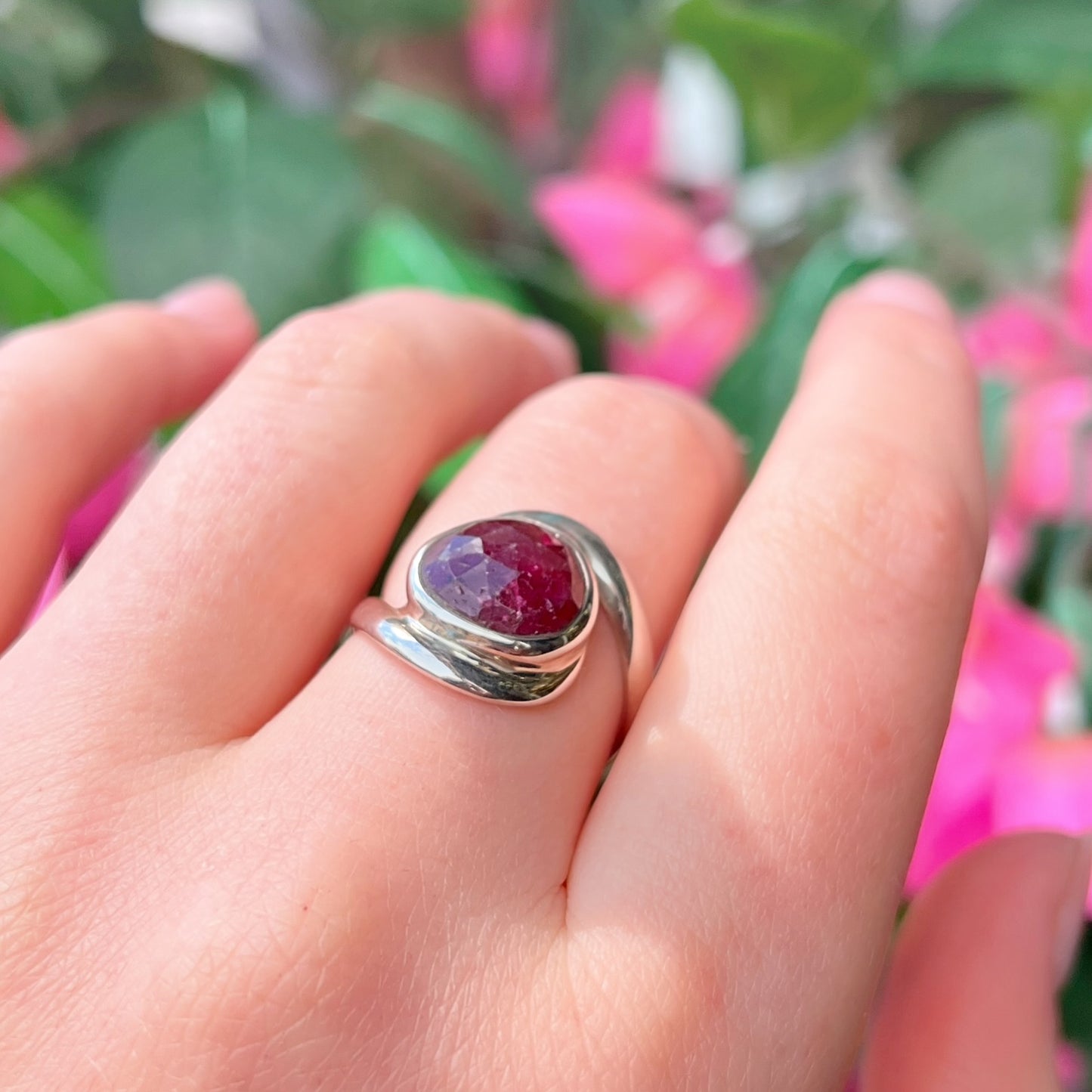 Unique Sterling Silver Ruby Twist Ring - Size P