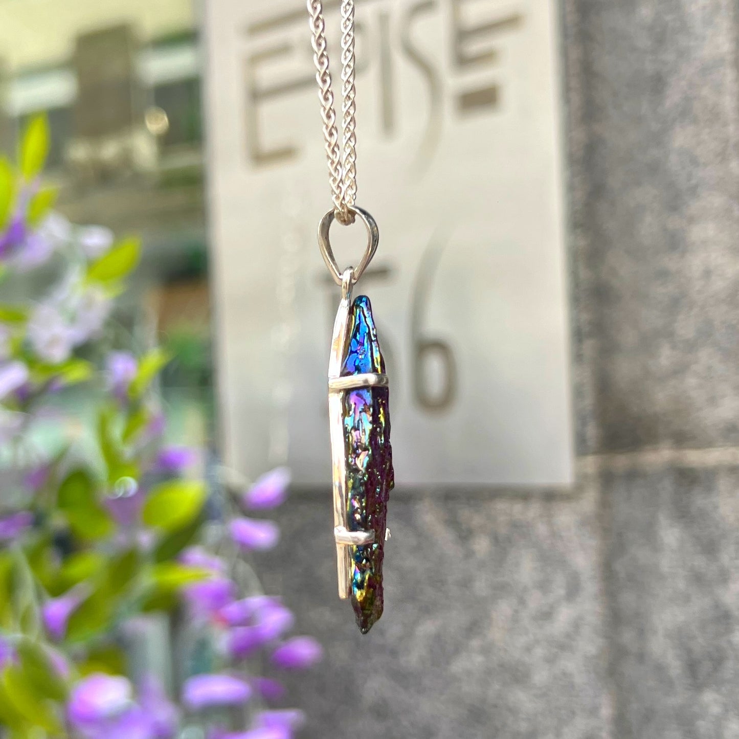 Chunky Rough Iridescent Purple Sterling Silver Aura Kyanite Pendant & Chain