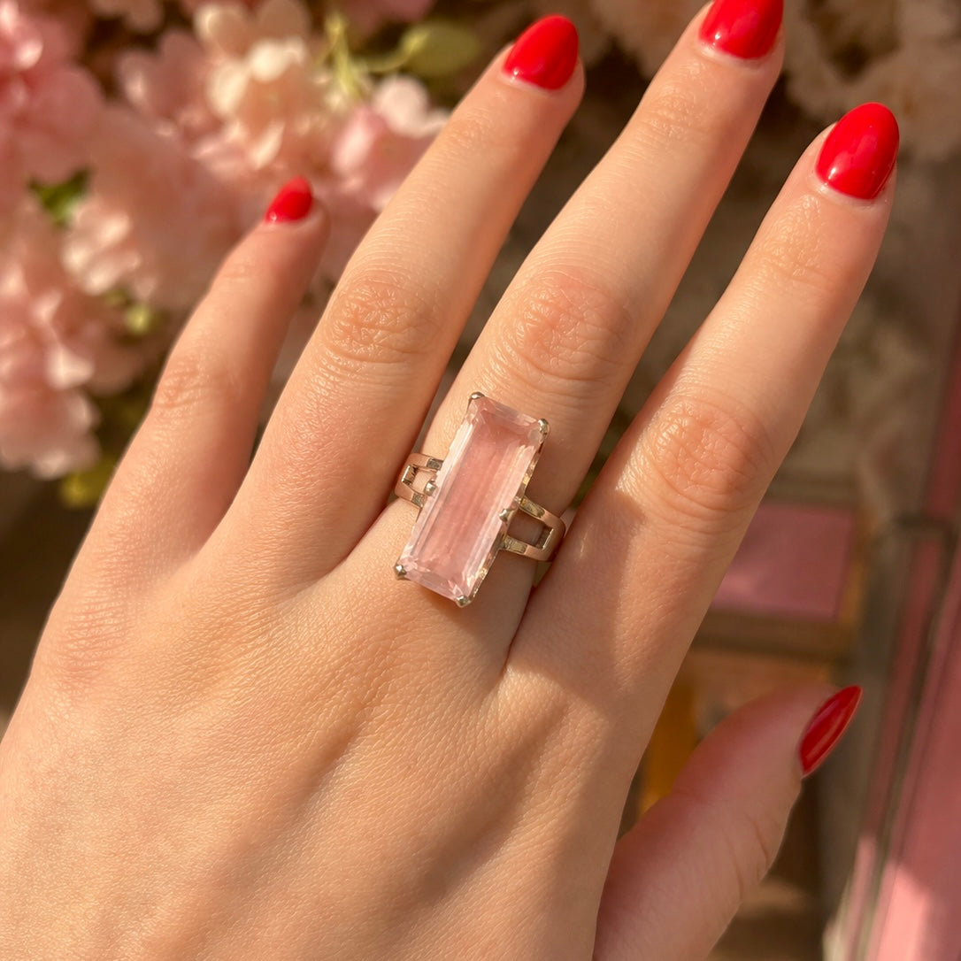 Rose Quartz Baguette Cut Sterling Silver Ring | Size Q