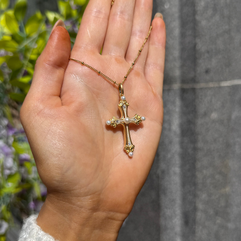 Freshwater Pearl & Cubic Zirconia 9ct Gold Plated Cross Necklace