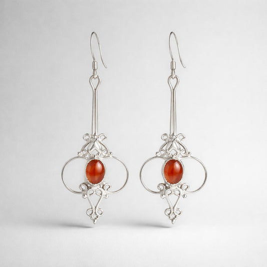 Intricate Filigree Sterling Silver Carnelian Drop Earrings