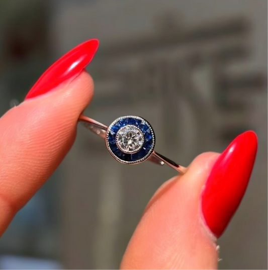 Art Deco Inspired Platinum Sapphire and Diamond Engagement Ring – SIZE N