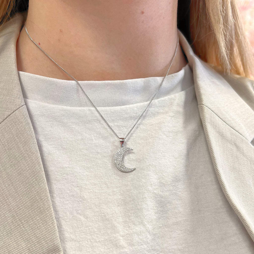 Cubic Zirconia Sterling Silver Moon Necklace