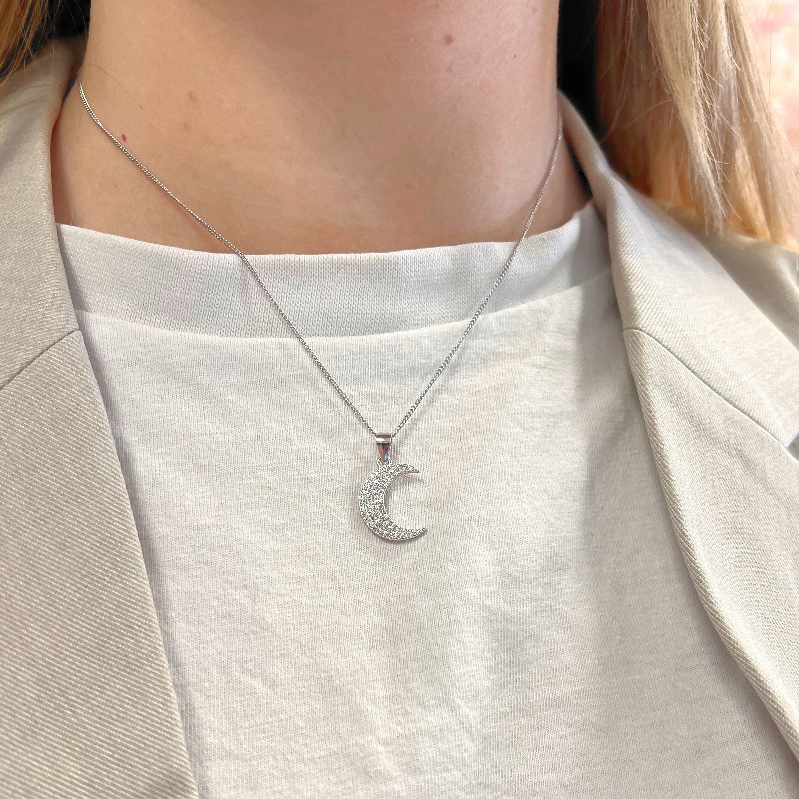 Cubic Zirconia Sterling Silver Moon Necklace