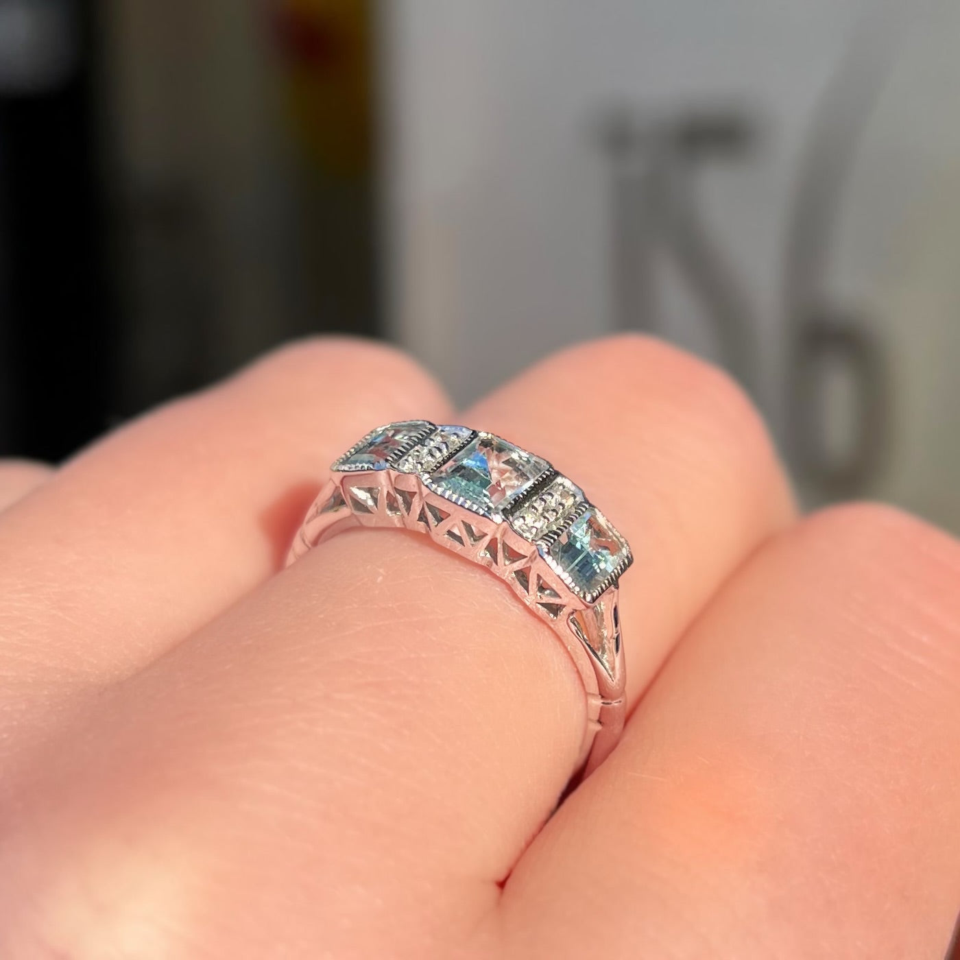 Vintage Inspired 9ct White Gold Aquamarine and Diamond Trilogy Ring - Size P