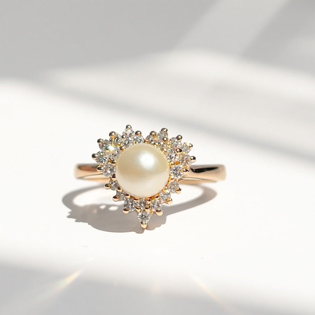 Vintage 14ct Yellow Gold Pearl and Diamond Heart Design Dress Ring - Size N