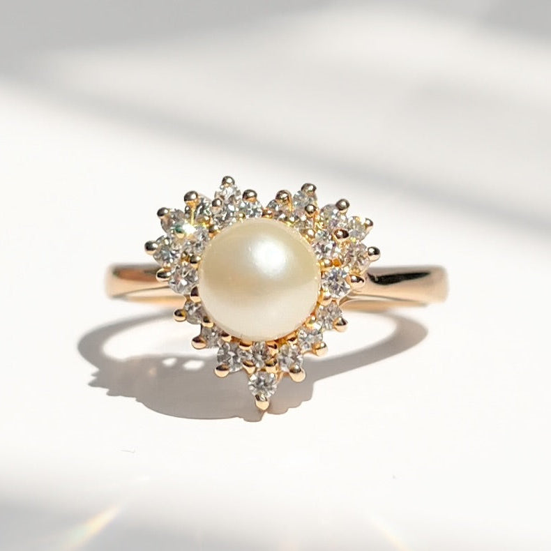 Vintage Pearl and Diamond 14ct Yellow Gold Heart Design Dress Ring | Size N