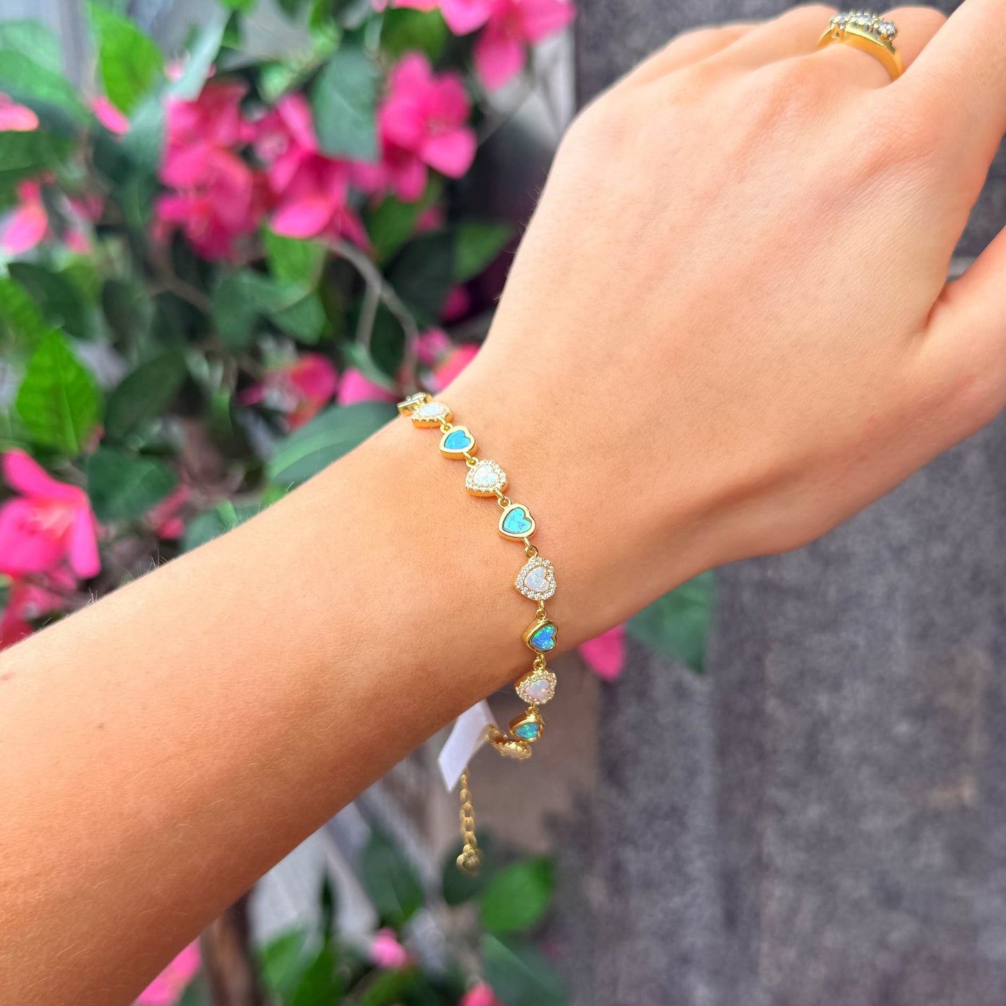 Blue & White Opal 9ct Yellow Gold Plated Cubic Zirconia Love Heart’s Bracelet