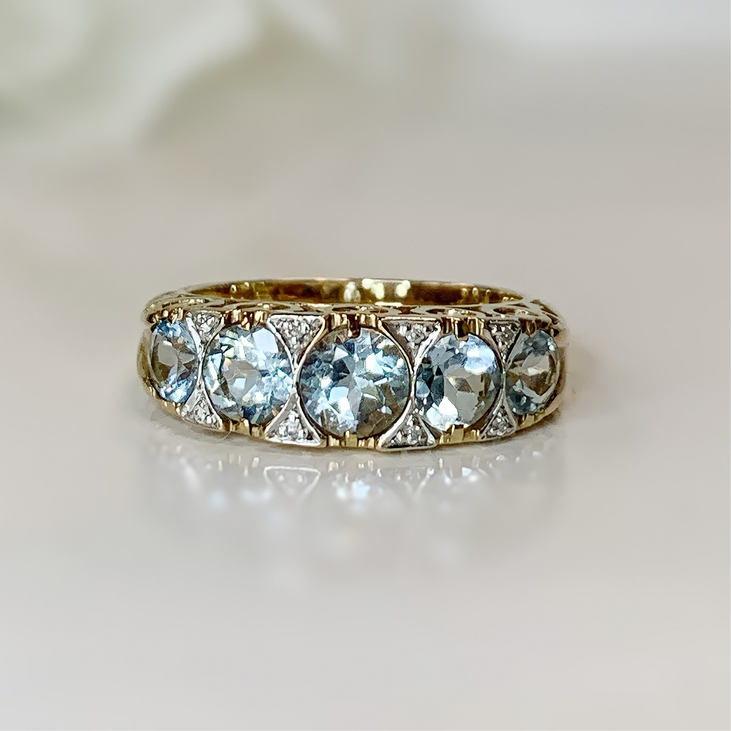 Edwardian Inspired 9ct Yellow Gold Aquamarine and Diamond Ring- SIZE M