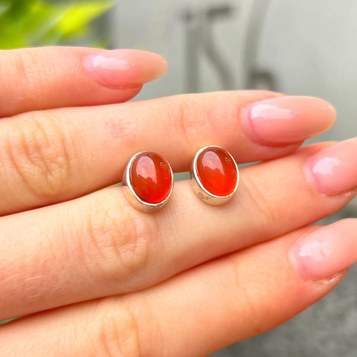 Sterling Silver Orange Carnelian Oval Stud Earrings