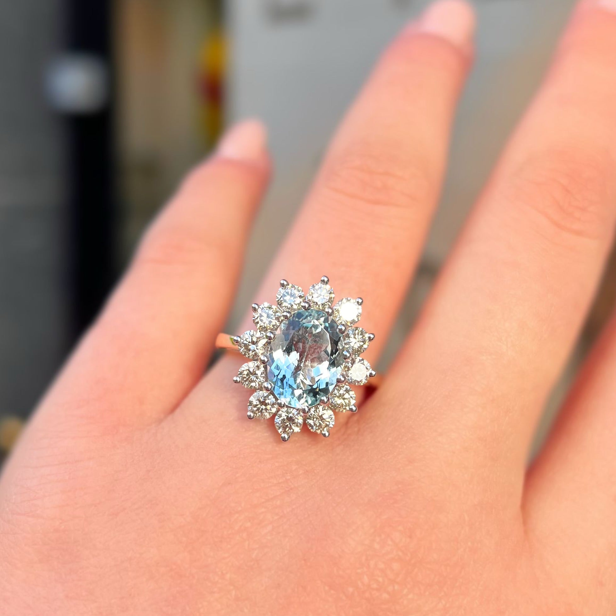 Aquamarine and Diamond Classic Cluster 14ct Yellow Gold Ring | Size N ½