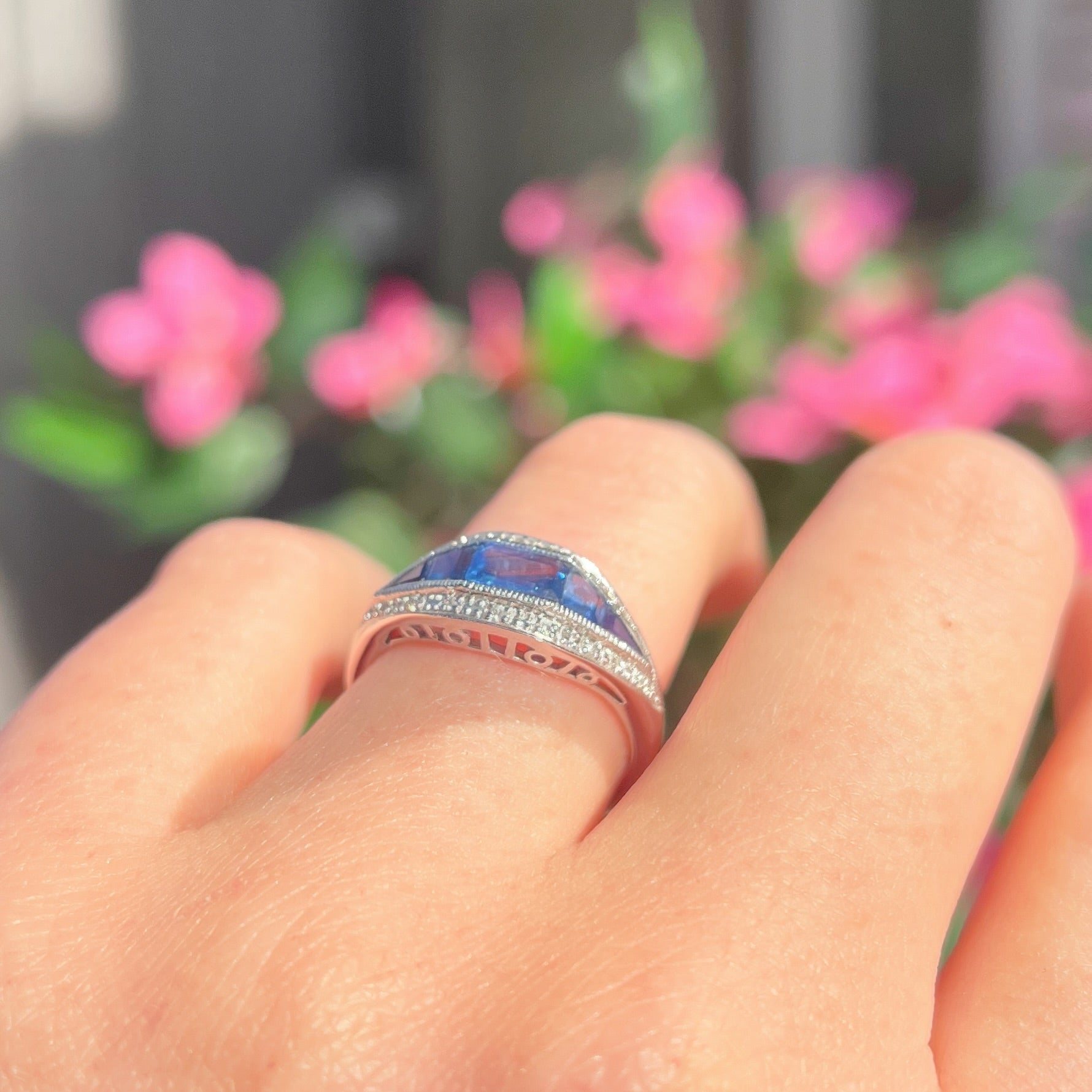 Art Deco Reproduction Madagascar Blue Sapphire and Diamond 9ct White Gold Ring | Size O