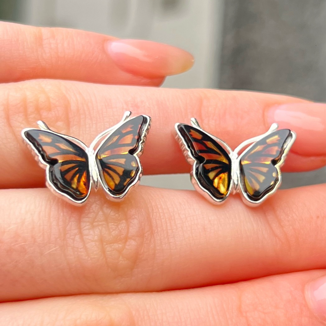 Sterling Silver Orange Amber Butterfly Design Stud Earrings