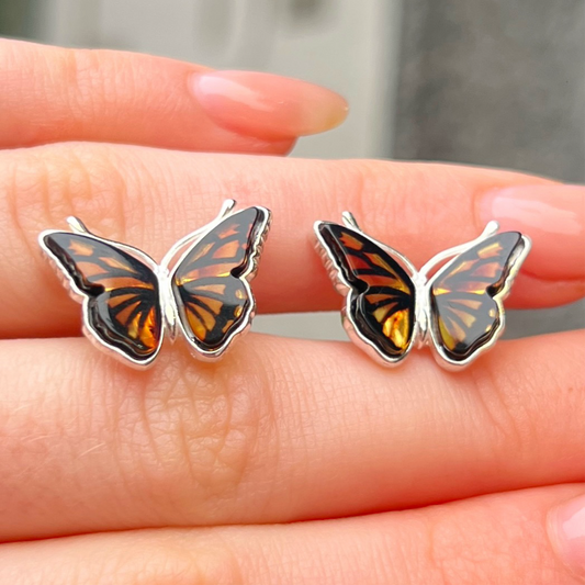 Sterling Silver Orange Amber Butterfly Design Stud Earrings