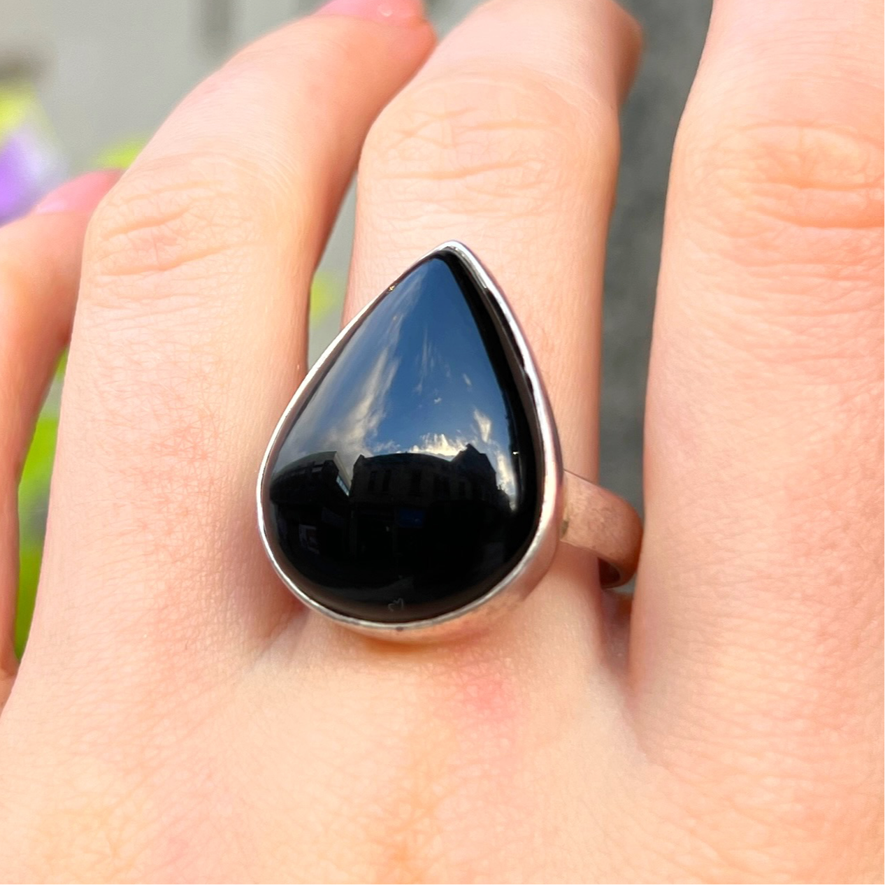 Sterling Silver Pear Cut Black Onyx Ring - Size P