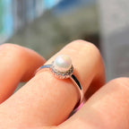 Pearl and Cubic Zirconia Sterling Silver Halo Cluster Dainty Ring | Size L