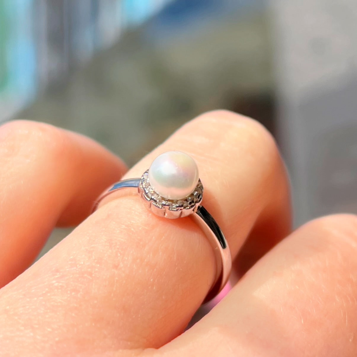 Pearl and Cubic Zirconia Sterling Silver Halo Cluster Dainty Ring | Size L