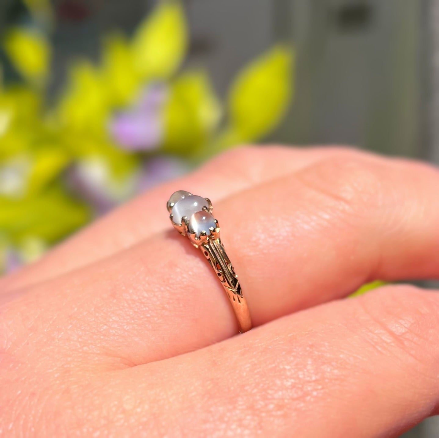 Antique Inspired 9ct Yellow Gold Moonstone Dainty Trilogy Ring - Size M