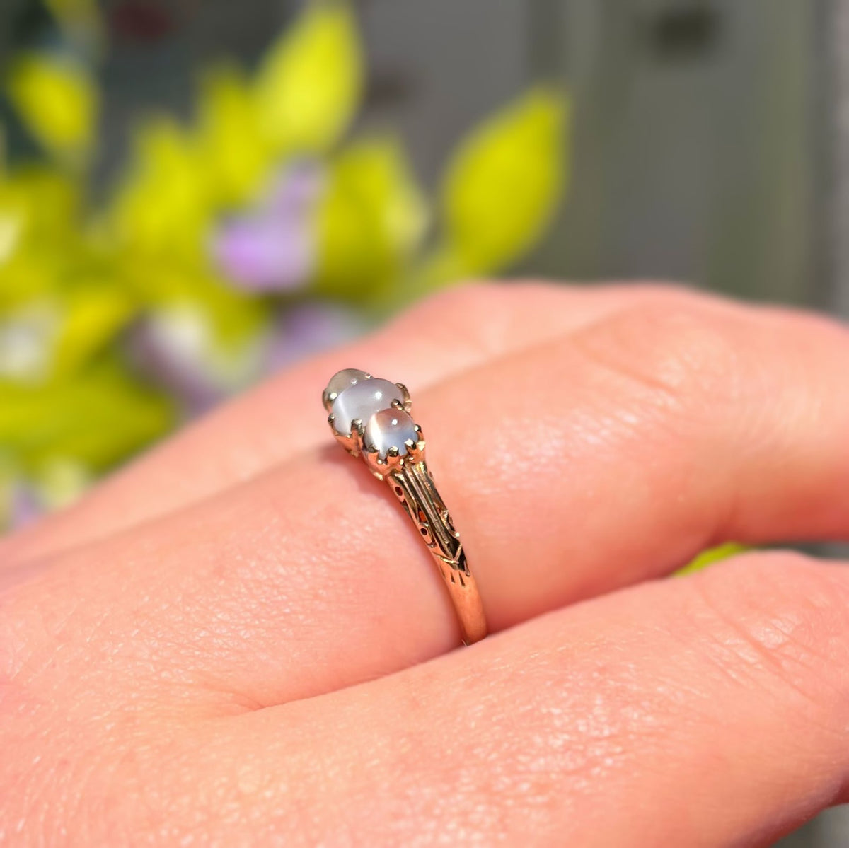 Antique Inspired Moonstone Dainty 9ct Yellow Gold Trilogy Ring | Size M