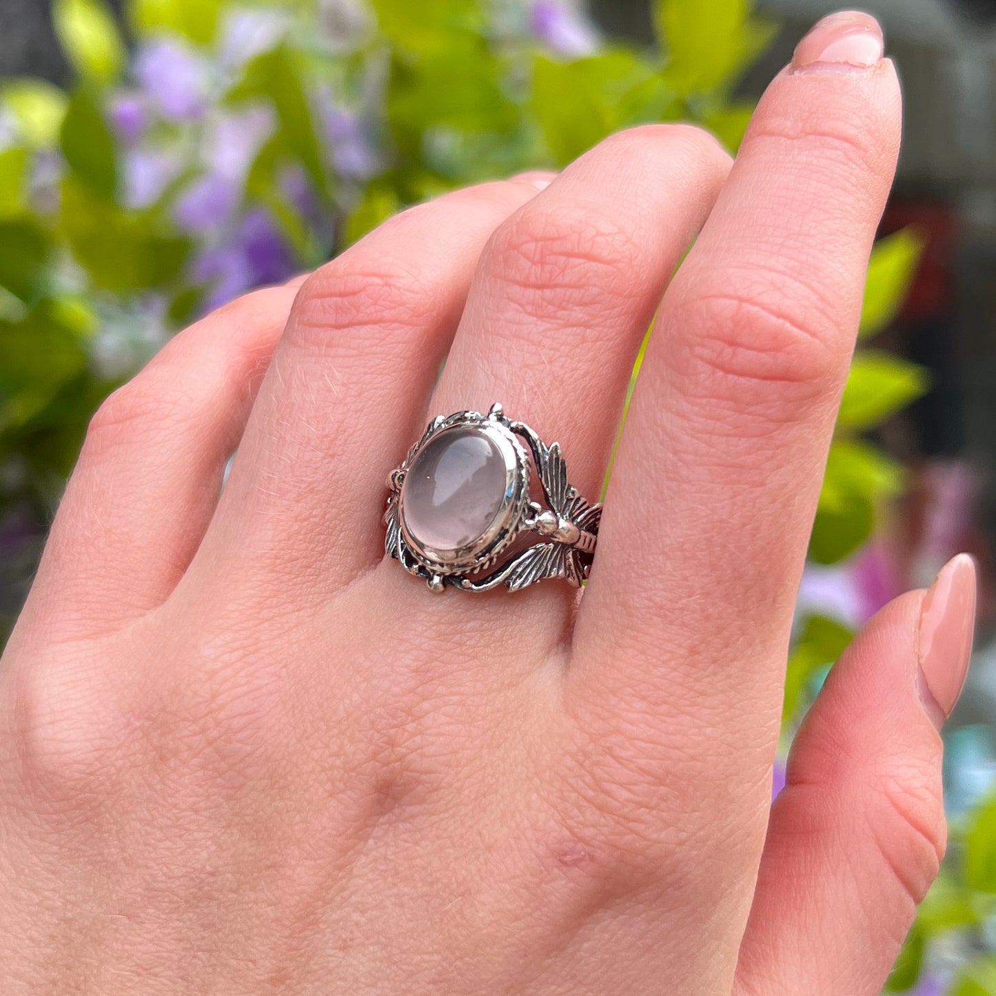 Sterling Silver Butterfly Shoulder Pink Rose Quartz Ring - Size R