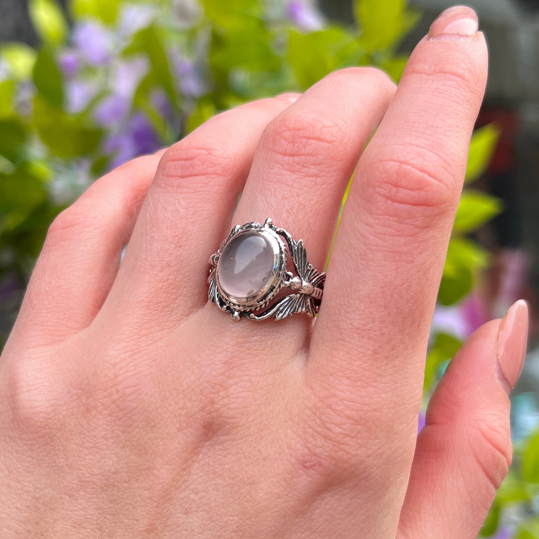 Butterfly Shoulder Rose Quartz Sterling Silver Ring | Size R