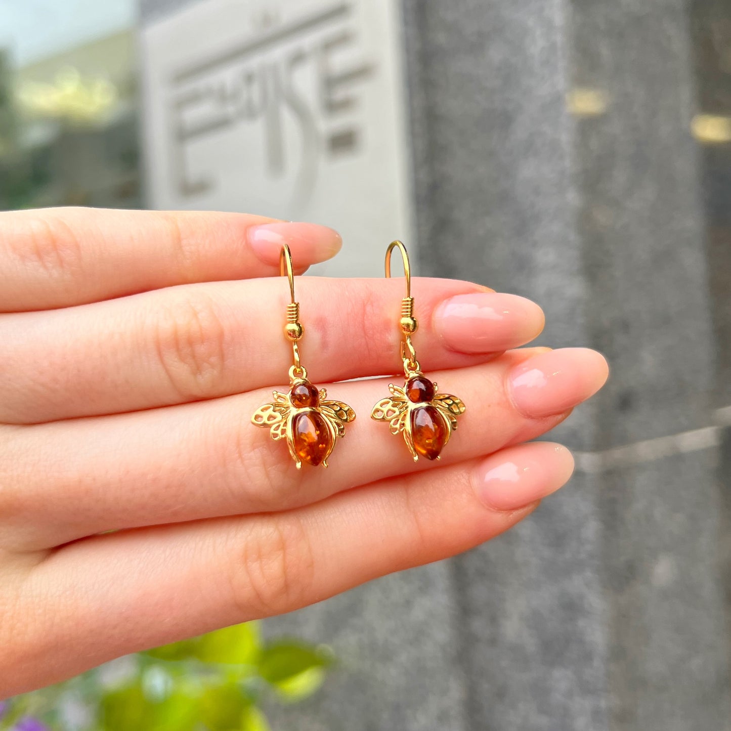 9ct Gold Plated Orange Amber Bee Design Drop Earrings