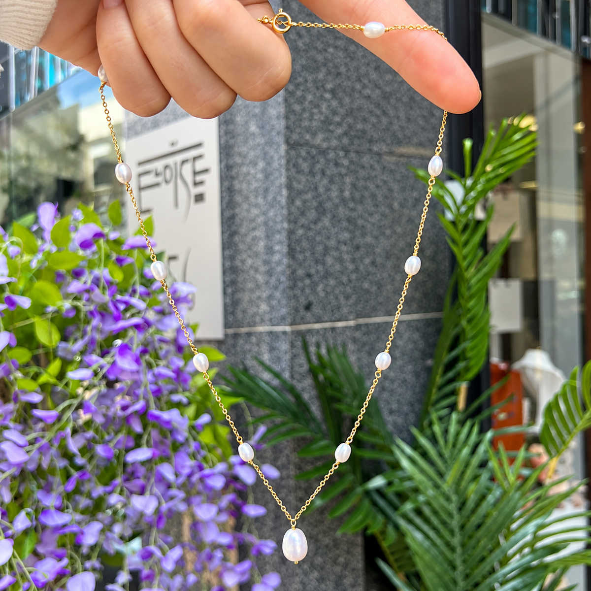Pearl 9ct Gold Plated Sterling Silver Dainty Station Necklace