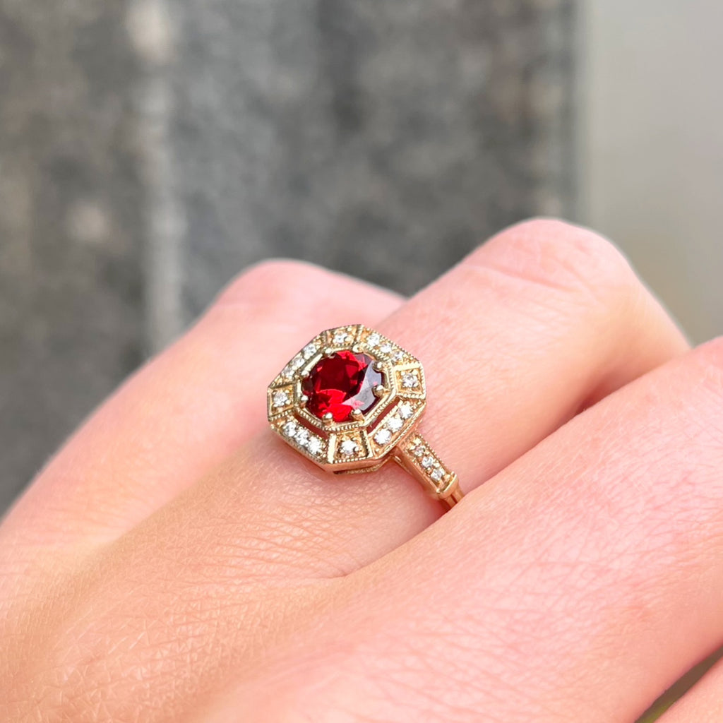 Art Deco Inspired Octagonal Garnet and Diamond 9ct Yellow Gold Ring | Size M ½