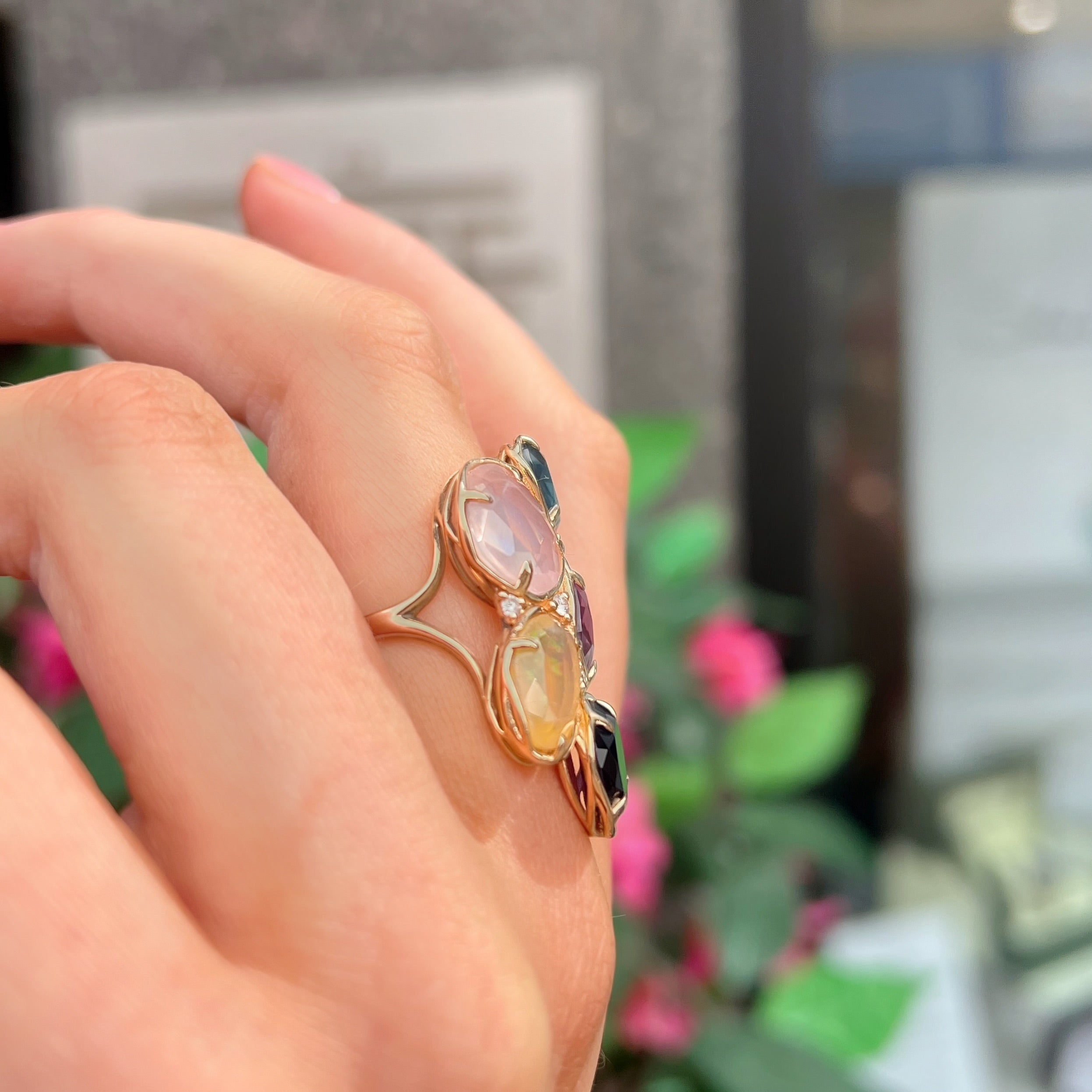 Rose Quartz, Iolite, Amethyst, Topaz, Opal and Diamond 14ct Rose Gold Chunky Ring | Peroni & Parise