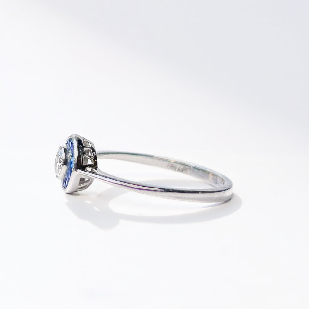 Art Deco Inspired Sapphire and Diamond Platinum Engagement Ring | Size N