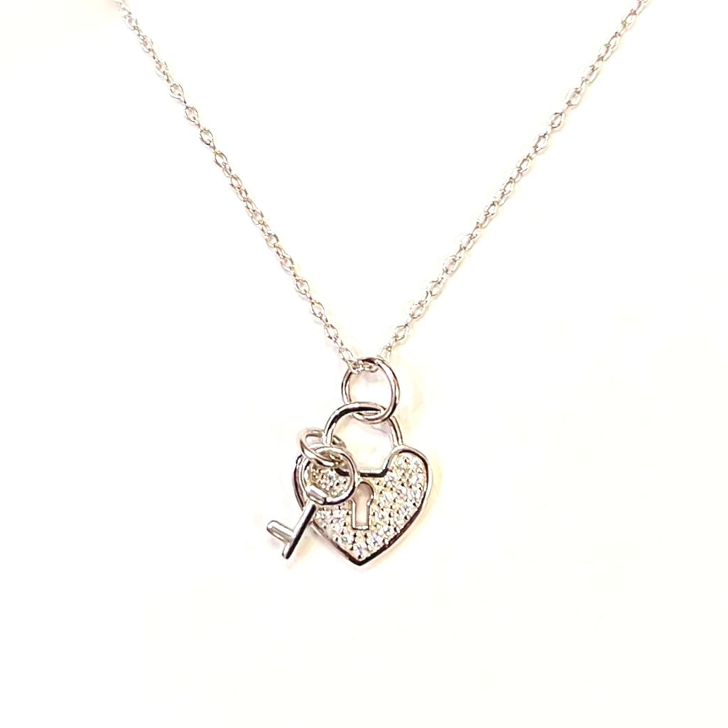 Cubic Zirconia Sterling Silver Heart Lock & Key Necklace