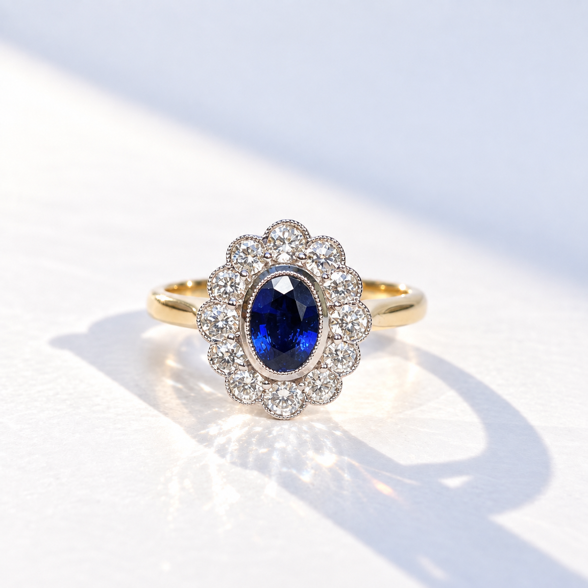 Ceylon Sapphire and Diamond 18ct Yellow Gold Cluster Ring | Size M ½