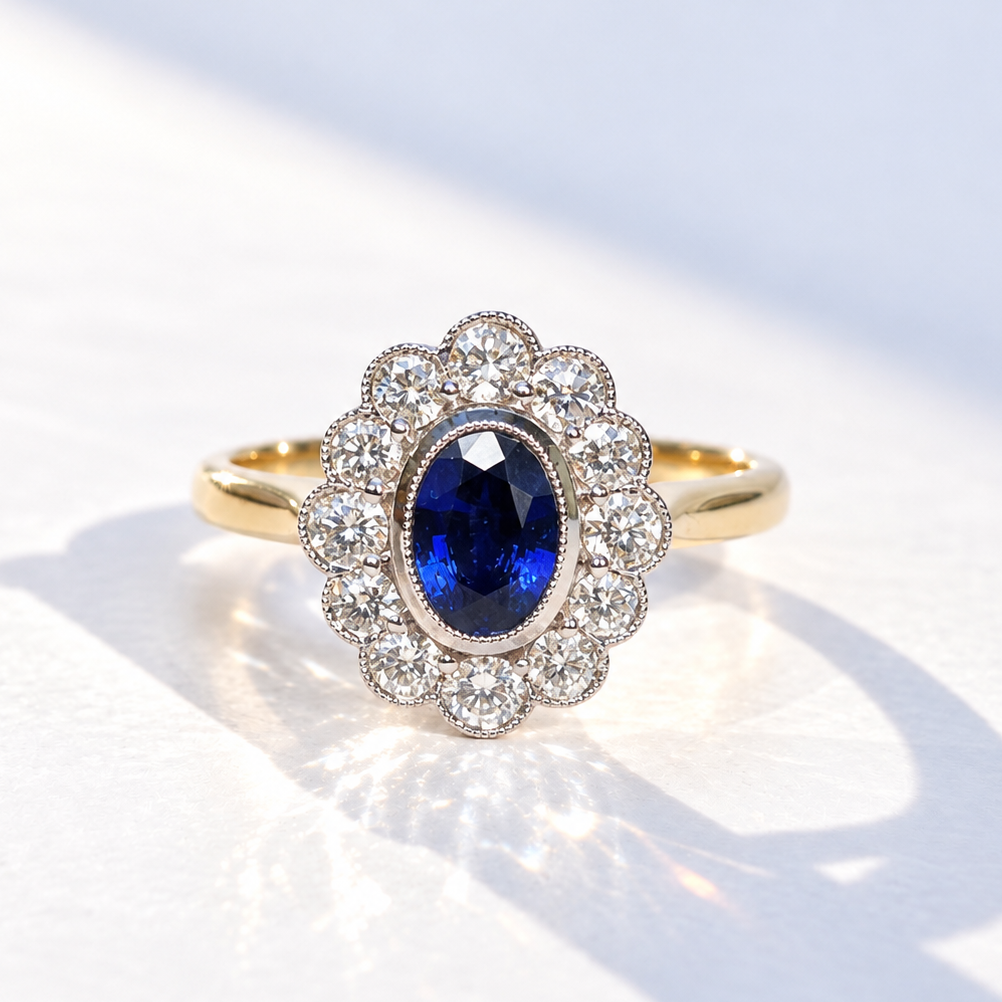 Ceylon Sapphire and Diamond 18ct Yellow Gold Cluster Ring | Size M ½