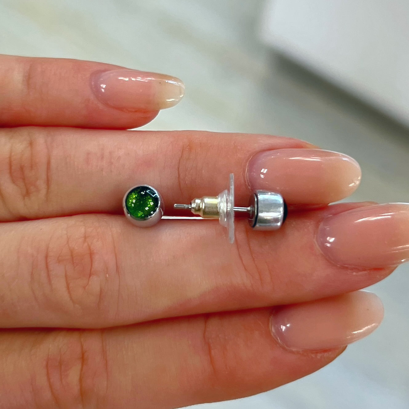 ‘Watch This Space’ Small Green Round Stud Earrings
