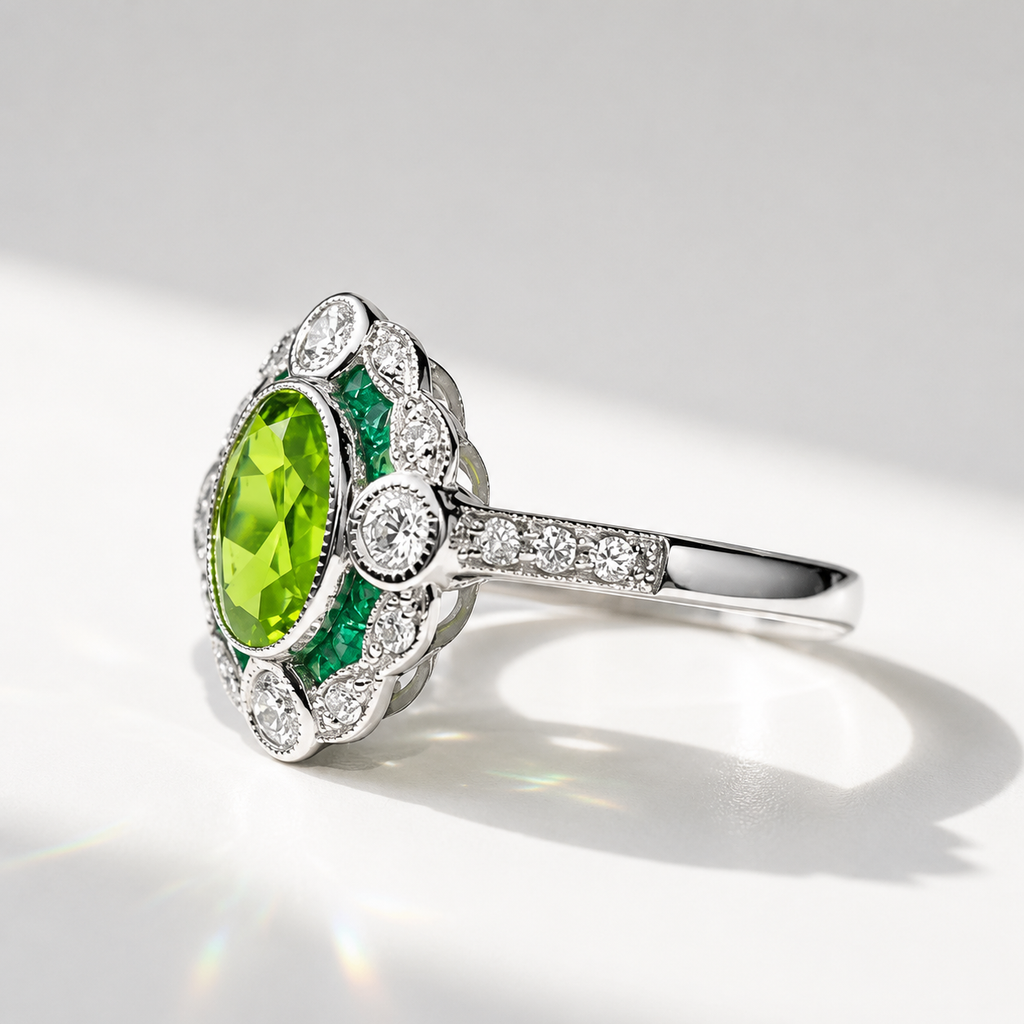 Art Deco Reproduction Peridot, Emerald and Diamond 9ct White Gold Ring | Size M ½