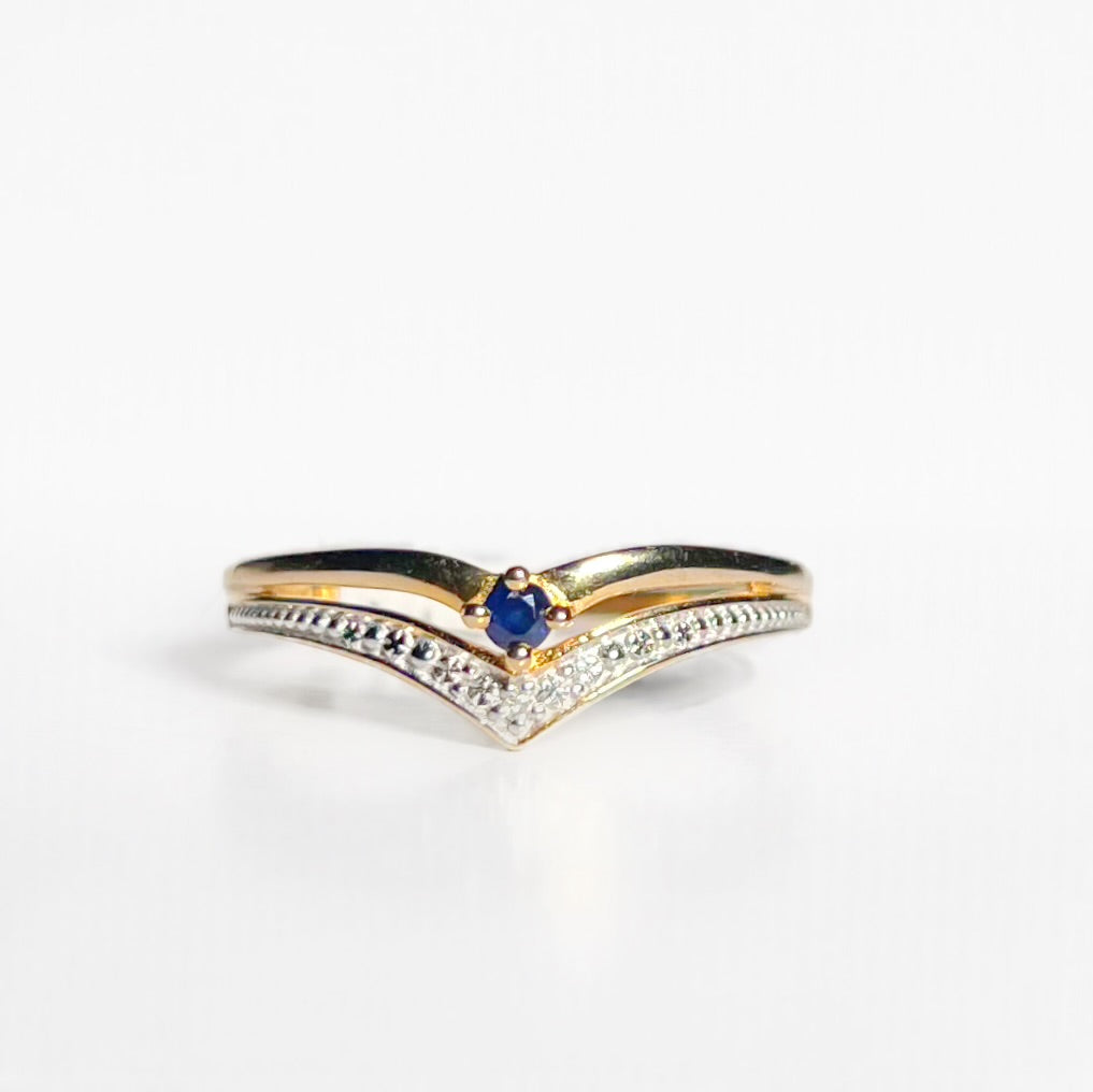 Vintage 9ct Yellow Gold Sapphire Wishbone Stacking Ring - Size P