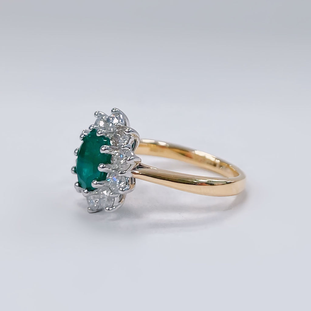 Classic Emerald and Diamond 18ct Yellow Gold Cluster Ring | Size M ½