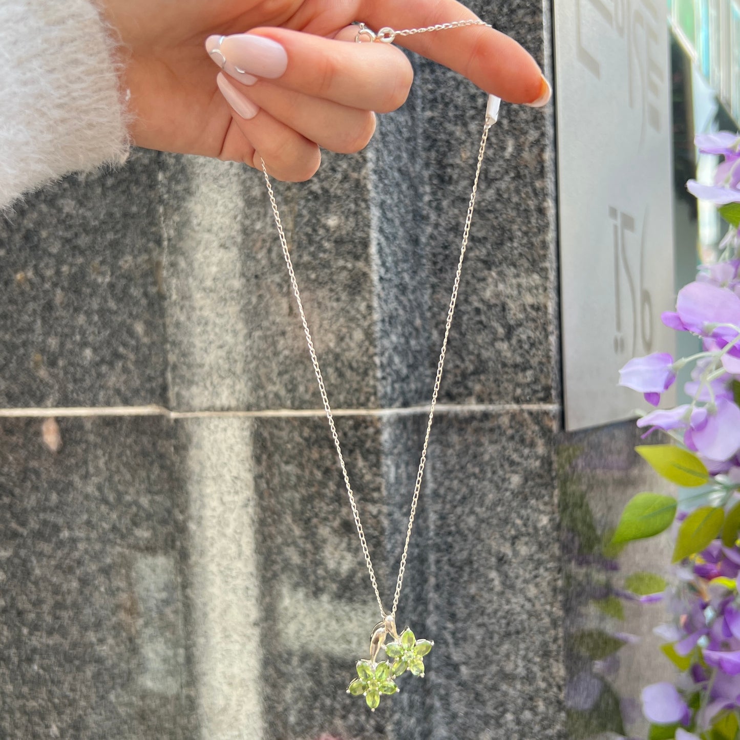 Sterling Silver Green Peridot Flower Necklace