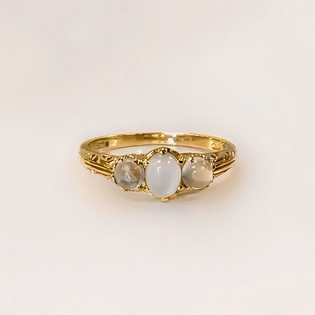 Antique Inspired Moonstone Dainty 9ct Yellow Gold Trilogy Ring | Size M