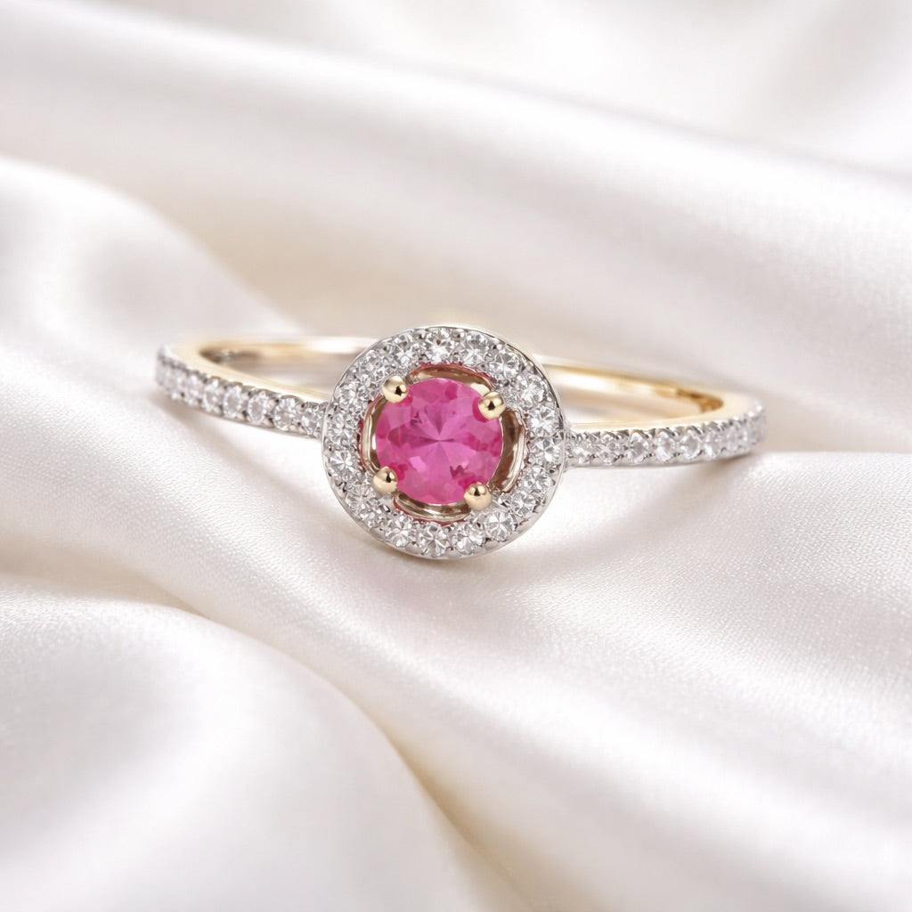 Pink Ruby and Diamond Dainty 9ct Yellow Gold Target Ring | Size N