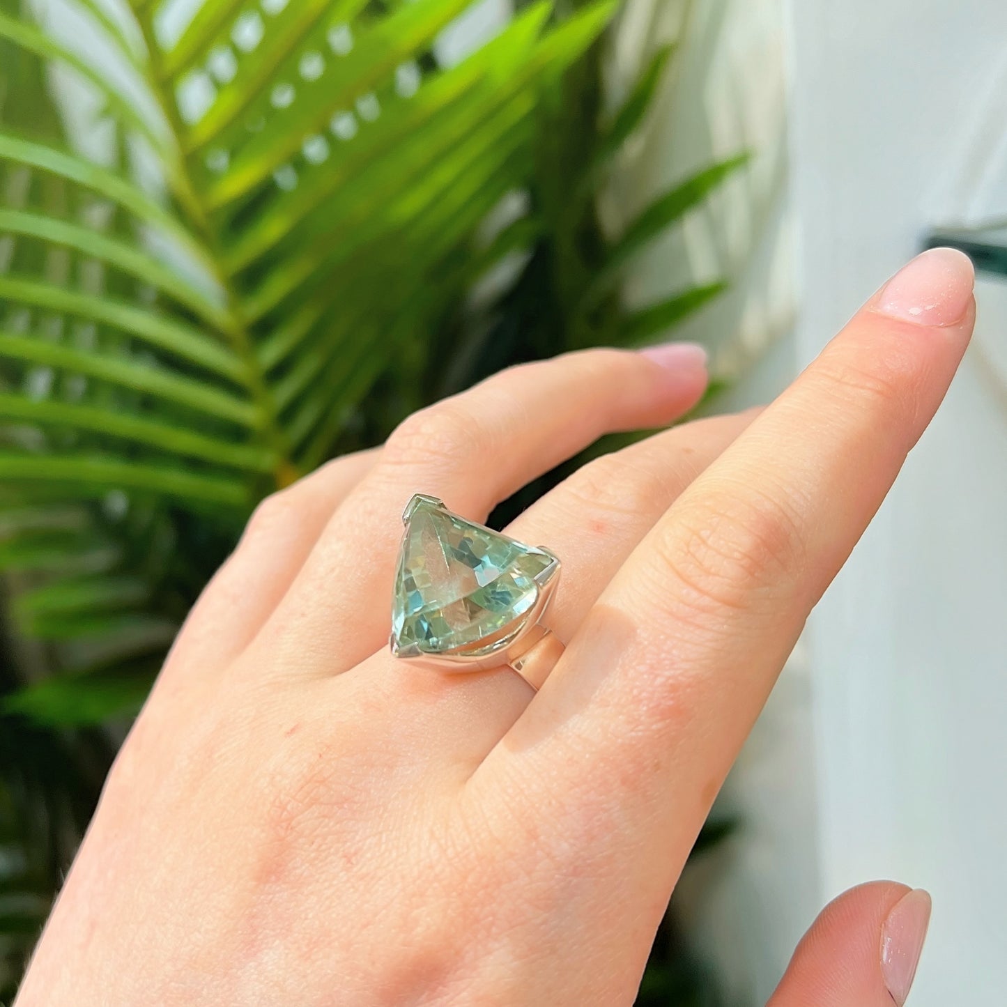 Chunky Sterling Silver Trillion-Cut Green Amethyst Cocktail Ring - Size R ½