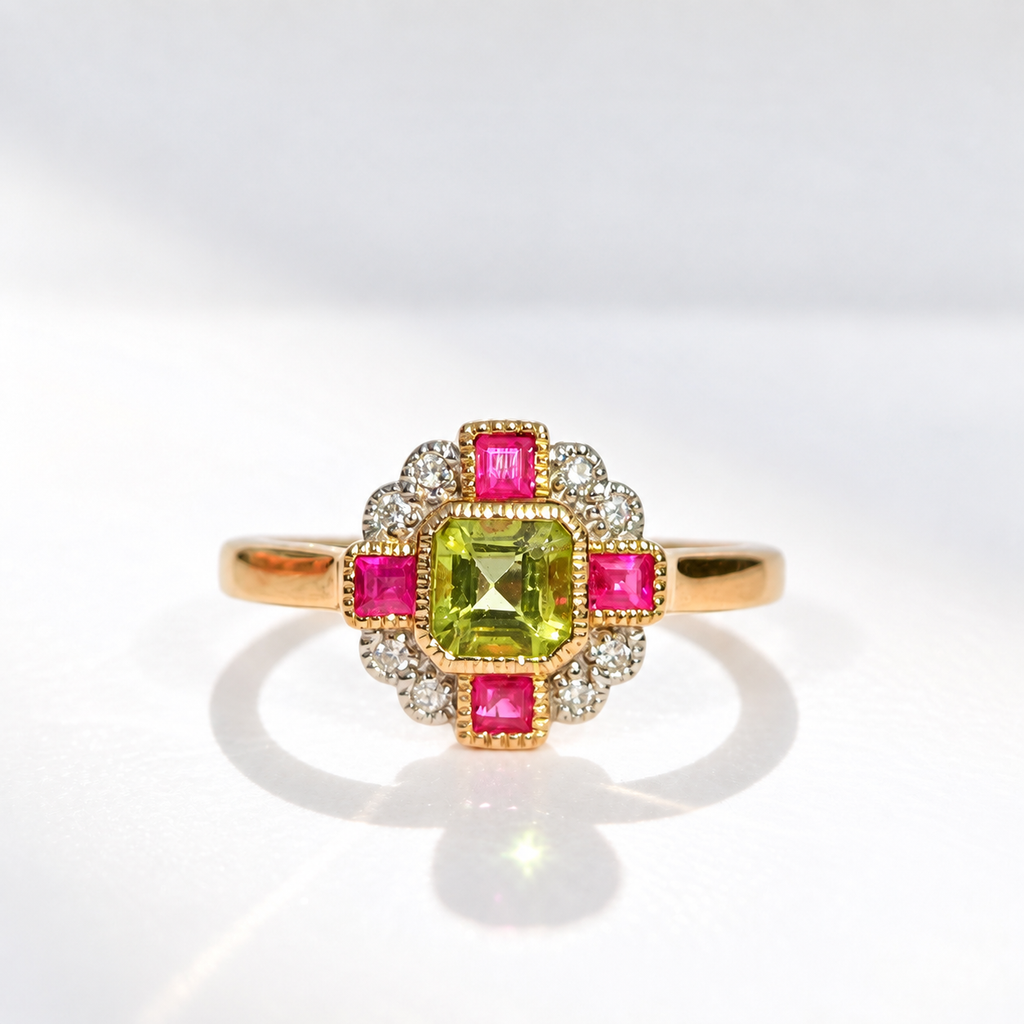 Peridot, Pink Ruby and Diamond Art Deco Reproduction 9ct Yellow Gold Ring | Size O