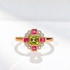 Peridot, Pink Ruby and Diamond Art Deco Reproduction 9ct Yellow Gold Ring | Size O