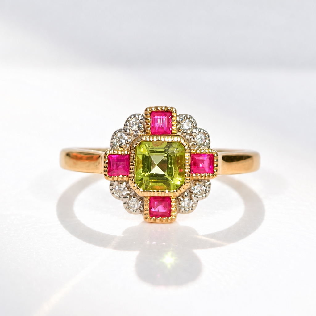 Peridot, Pink Ruby and Diamond Art Deco Reproduction 9ct Yellow Gold Ring | Size O