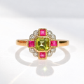 Peridot, Pink Ruby and Diamond Art Deco Reproduction 9ct Yellow Gold Ring | Size O