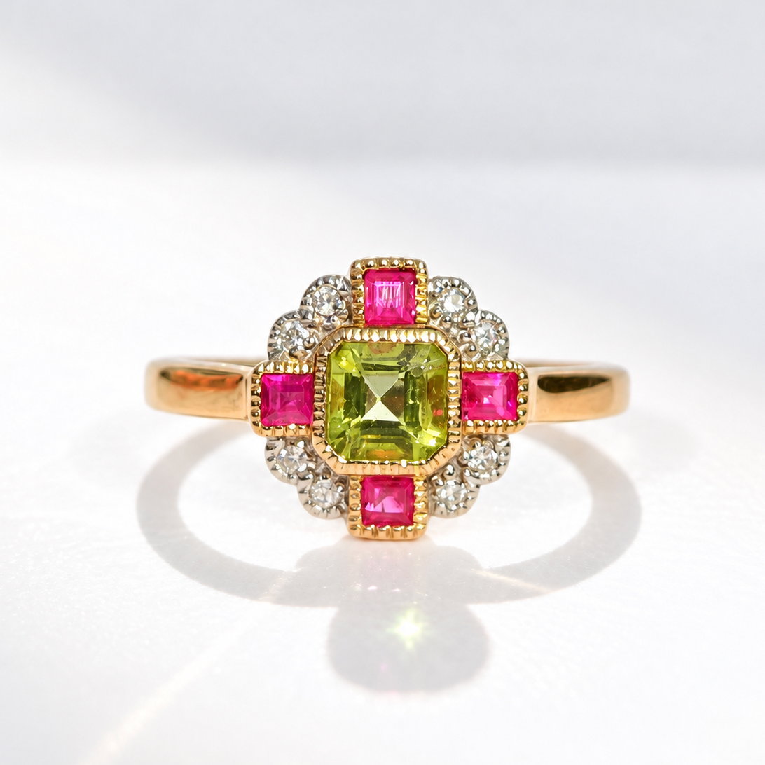 Peridot, Pink Ruby and Diamond Art Deco Reproduction 9ct Yellow Gold Ring | Size O