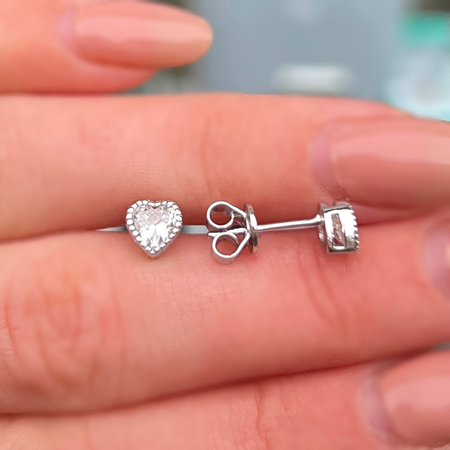 Sterling Silver Faceted Cubic Zirconia Heart Stud Earrings