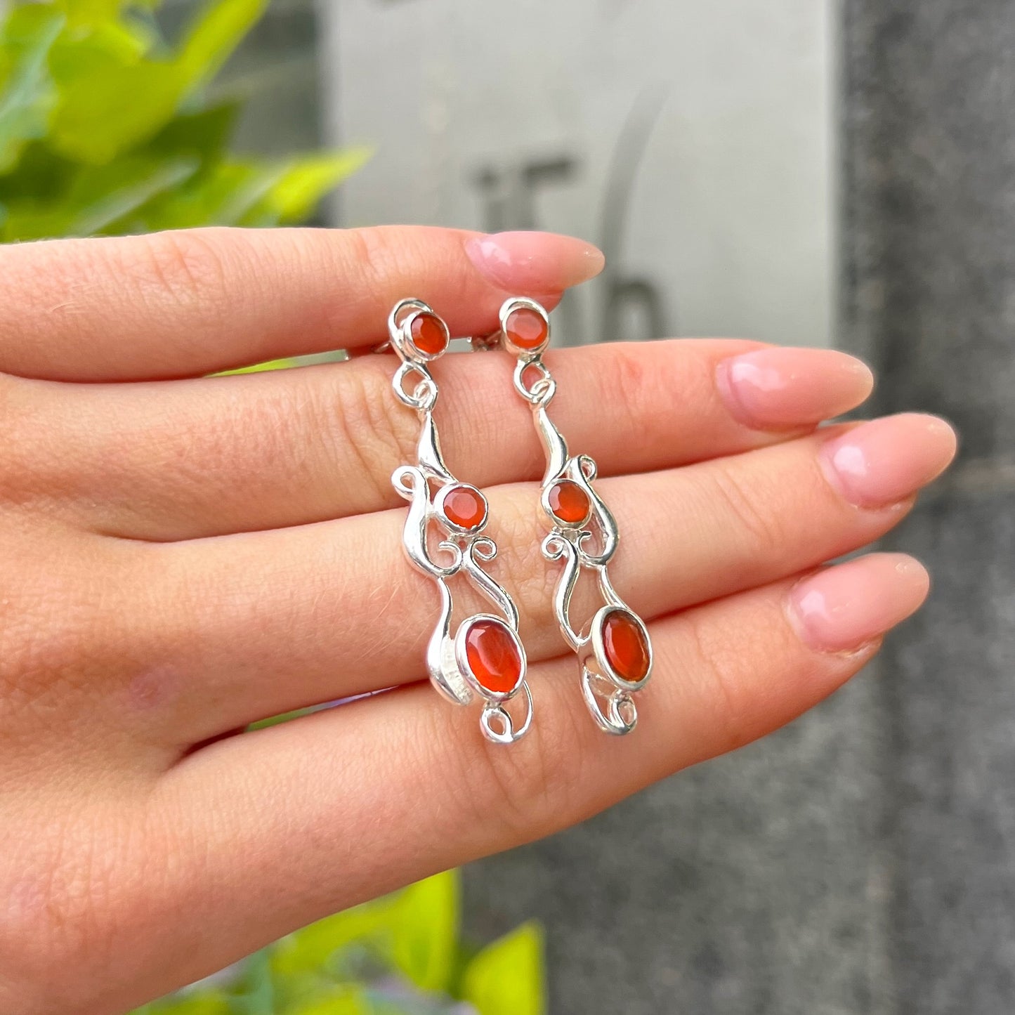 Sterling Silver Orange Carnelian Intricate Drop Earrings