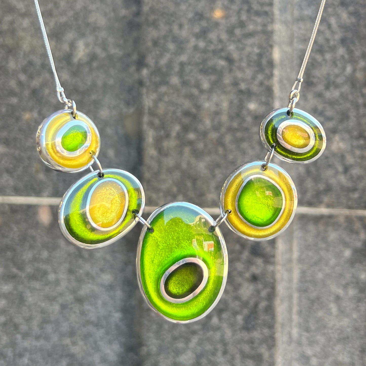 ‘Watch This Space’ Dark & Lime Green Oval Necklace