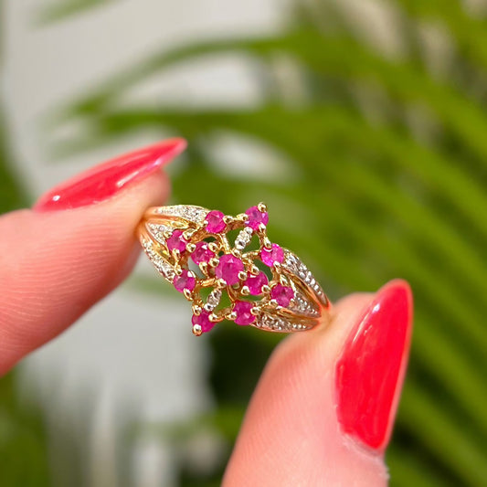 Unusual Vintage 9ct Yellow Gold Ruby and Diamond Ornate Cluster Ring - P